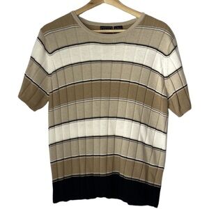 EUC Laura Scott tan / black / grey / cream striped short sleeve sweater